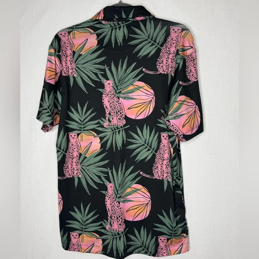 Bad Birdie Men Dayglow Polo Golf Shirt Sz S Panther Palm Trees Unique Athleisure